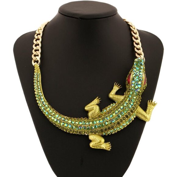 Fashion Green Rhinestone Crocodile Statement Necklace for Women - Punk Gothic Bi - Picture 6 of 6